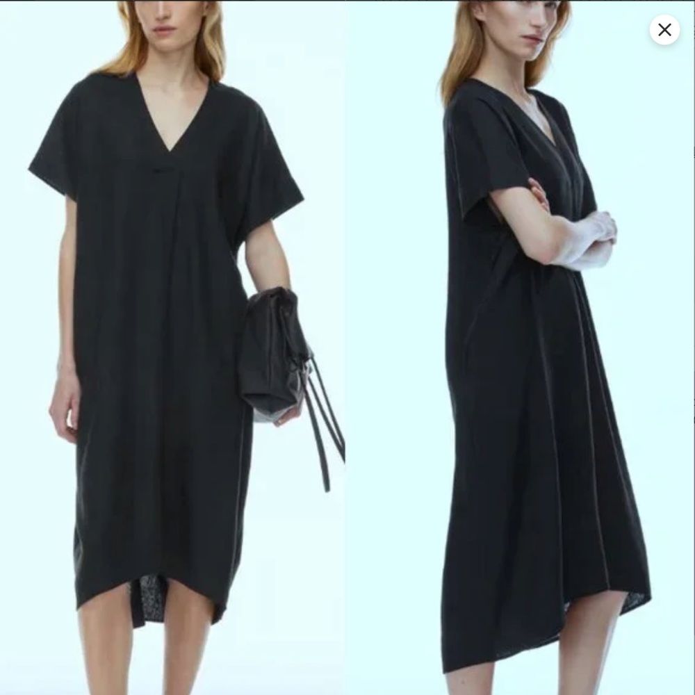 Aritzia The Group Babaton Charette Linen Relaxed Fit Midi Dress Navy Blue Size M